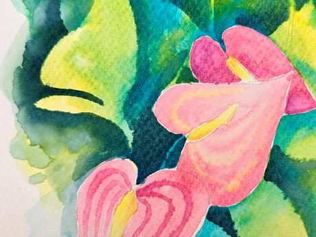a watercolor painting of three pink anthuriums embedded in green foiliage