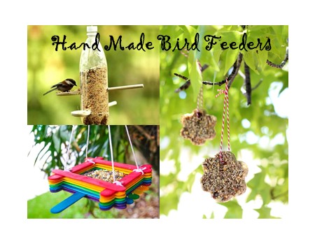 various types of do it yourself handmade bird feeders, a bottle type, a lollipop sticks type and a star type.