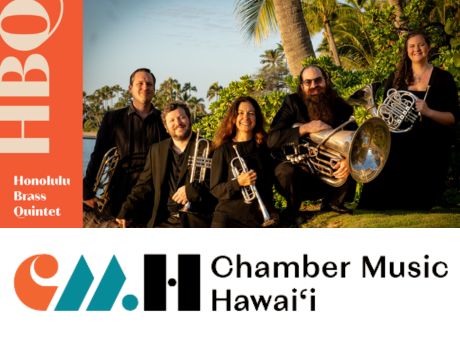 Photo of Honolulu Brass Quintet and graphic of Chamber Music Hawaii logo.