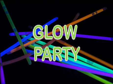 glow sticks on a near black background with the words "Glow Party" in green