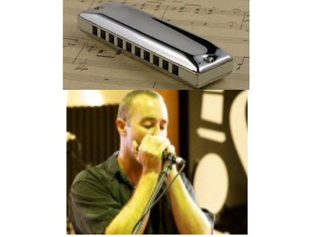Color compound photo image of harmonica and harmonicist Danilo Marrone