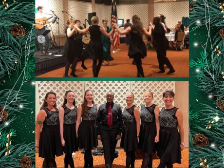 Hawaii Irish Dance group photo and picture of dancers dressed in black in a circle.
