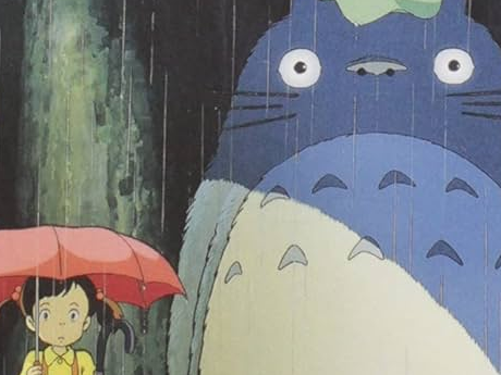 A little girl and the Cat Totoro, standing in the rain at a bus stop.