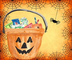 jack o lantern bucket with snacks inside and spider with webs surrounding