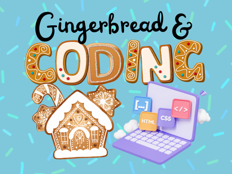 "Gingerbread and Coding" on blue sprinkles background. Gingerbread house cookie and laptop illustration.