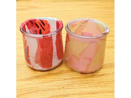 small jars decorated in a stained-glass style using paper