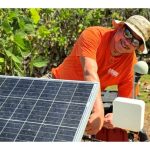 Scientist conducting maintenance on solar panel and seismic instrument among green foliage