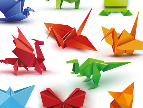 A red dragon, an orange and a yellow crane, and a green dinosaur, all made out of origami paper, surrounded by other creations, on a white background.