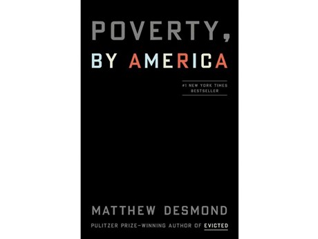 Book cover of Poverty, by America. Red and White words on a black background.