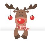 Cartoon reindeer with red nose, red and white scarf, and red ornaments hanging from antlers.