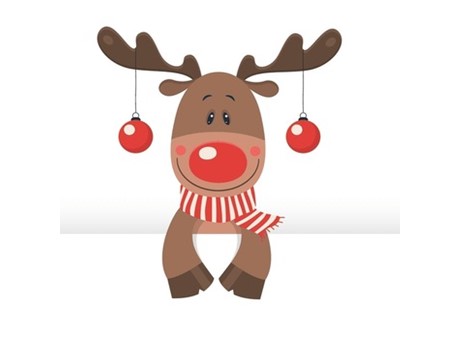 Cartoon reindeer with red nose, red and white scarf, and red ornaments hanging from antlers.