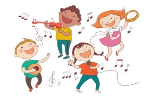 Four children, playing a violin, tambourine, drum and singing.