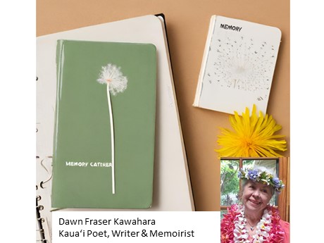 A picture of a memory catcher diary with a headshot of Dawn Kawahara in the Corner.
