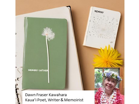 A picture of a memory catcher diary with a headshot of Dawn Kawahara in the Corner.