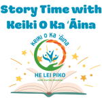 Story time with Keiki O Ka ʻĀina title with open book and stars and KOKA logo