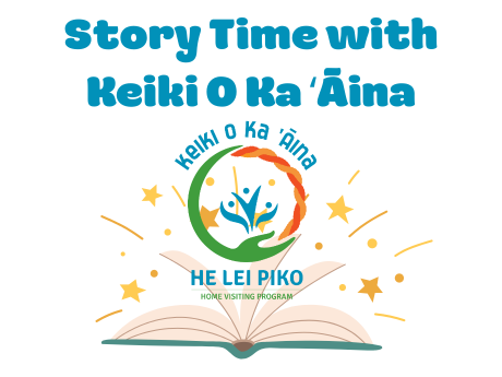 Story time with Keiki O Ka ʻĀina title with open book and stars and KOKA logo
