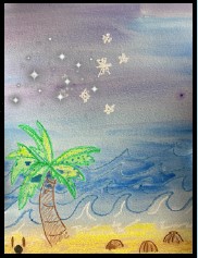 painting with starlit sky, palm tree and ocean