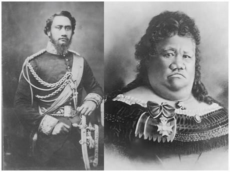 Black and white photos; male Hawaiian monarch in regalia and headshot of female Hawaiian royal