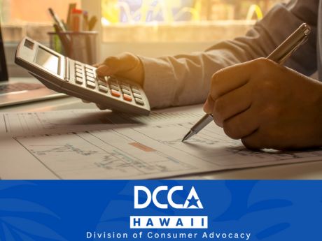 Department of Consumer Advocacy Hawaii Logo and stock image of person with calculator and paper work.
