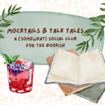 Watercolor illustration of a berry mocktail green and tan books. Text reads: "Mocktails & Talk Tales: A (Somewhat) Social Club for the Bookish"