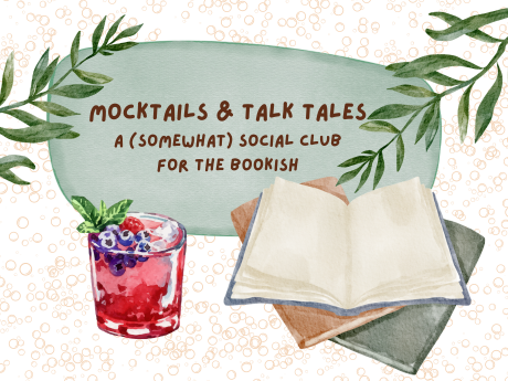 Watercolor illustration of a berry mocktail green and tan books. Text reads: "Mocktails & Talk Tales: A (Somewhat) Social Club for the Bookish"