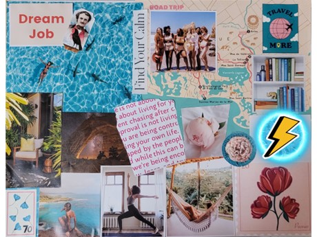 vision board with motivational sayings and images to represent dreams and goals