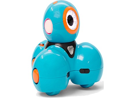 Blue and Orange Trimmed Robot on wheels and LEDs