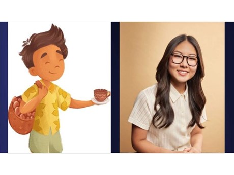 A collage of a cartoon character holding a bowl and a young woman smiling in glasses.