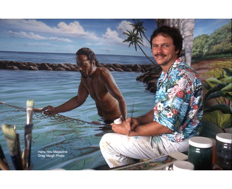 Artist Patrick Ching sitting in front of his painting, Moanalua Memories 1999
