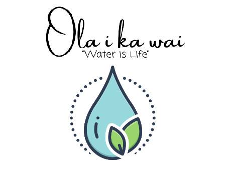 A water drop and leaves with text: "Ola i ka wai, water is life"