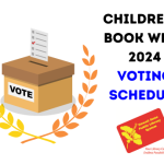 Childrenʻs Book Week 2024 Voting Schedule with Image of laurel wreath, ballot box, and library card