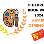 Children's Book Week 2024 Award Ceremony Logo with library card and award icon featuring a laurel wreath, a palette of paint, and a paintbrush.