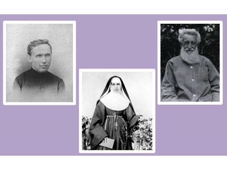Black and white photos of Saint Damien, Saint Marianne Cope and Brother Dutton