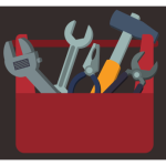 A red toolbox with various tools hanging out of it, in front of a black background.