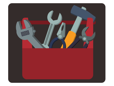 A red toolbox with various tools hanging out of it, in front of a black background.