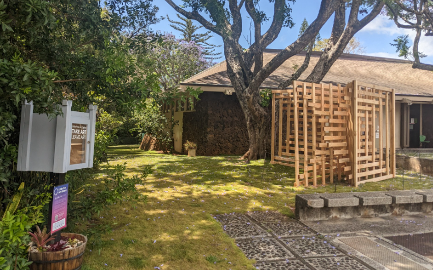 Front Lawn of Makawao Public Library with Little Free Gallery and Sculpture