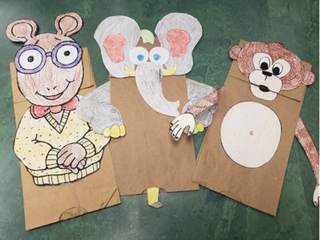 3 paper bag puppets: Arthur; elephant; monkey