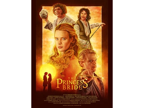 Princess Bride movie poster - Buttercup, Westley, Inigo Montoya, and Fezzik with orange background