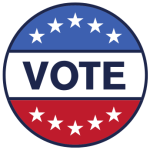 Vote inside a button that is blue and red with white stars.