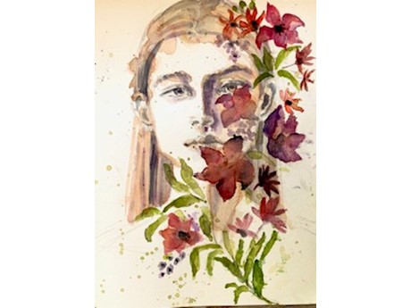 Water Color Portrait of a long-haired person with flowers