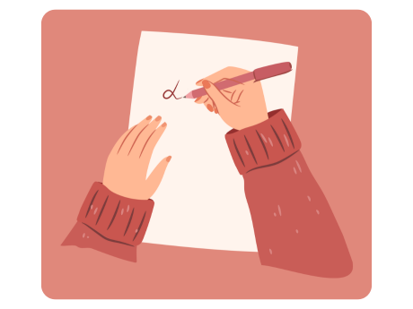 Arms wearing a pink sweater, writing on a piece of paper