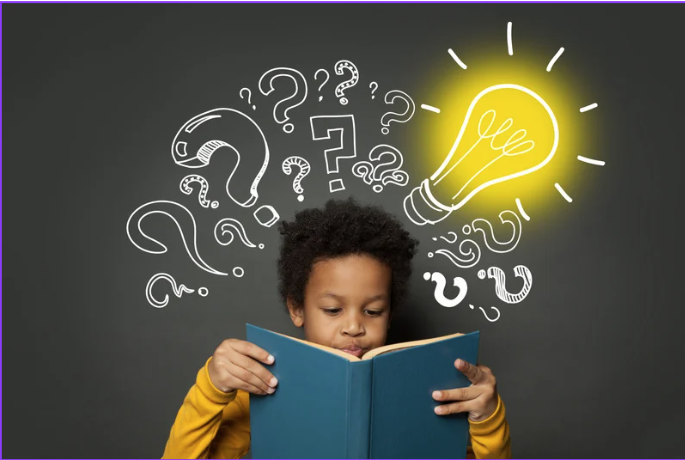 child reading a book with a blank cover
