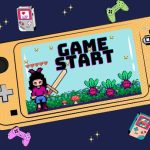 picture of consoles and game controllers with a game scene of a pixelated character and monsters
