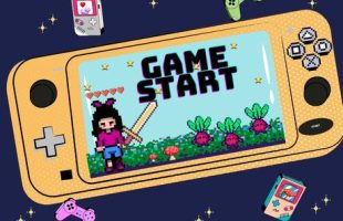 picture of consoles and game controllers with a game scene of a pixelated character and monsters