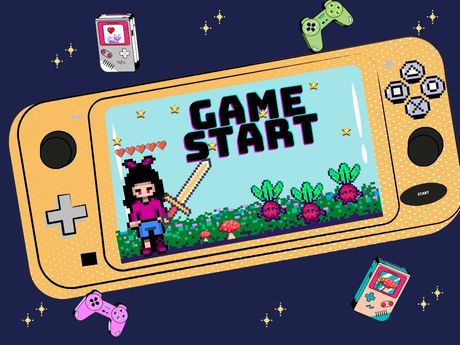 picture of consoles and game controllers with a game scene of a pixelated character and monsters