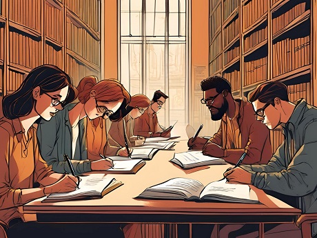 AI-generated cartoon image of group of people writing books at a long table surrounded by library shelves; image is warm, sepia-toned