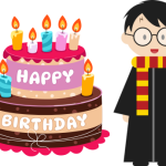 multi color birthday cake with candles, harry potter cartoon image