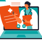 A brightly-colored cartoon of a doctor and a prescription page coming out of a computer screen.