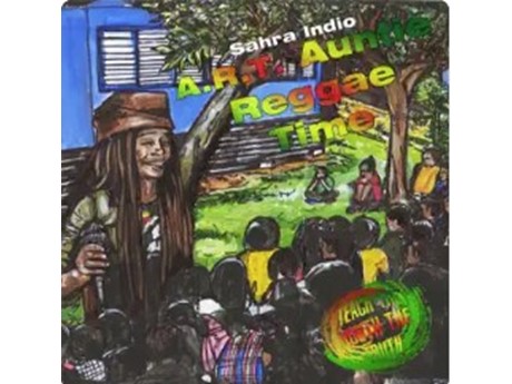 CD Cover Art from Auntie Reggae Time's Children's CD. A woman in a brown hat holding a microphone entertains children sitting under a tree.