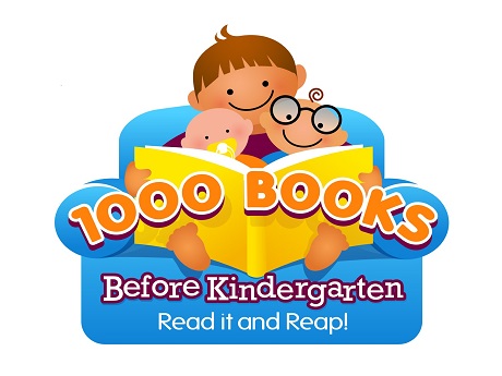 1000 Books Before Kindergarten logo. Clipart of parent, with child, reading on couch.